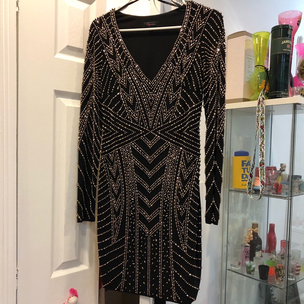 AQUA black and gold V neck mini dress